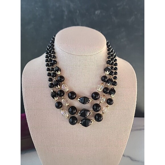 Black And Clear Multistrand Adjustable Beaded Necklace Vintage Japan - Picture 1 of 10